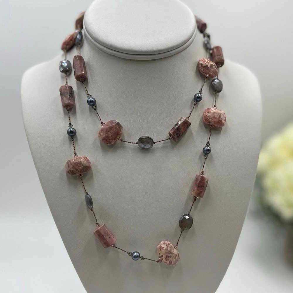 Margo Morrison Rhodochrosite Grey Coated Moonstone and Pearl Crystal Necklace